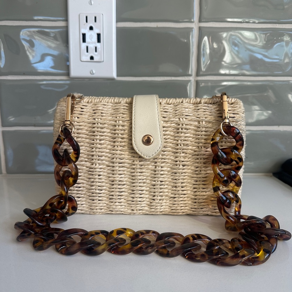 🪘a new day Straw Woven Handbag with Tortoiseshell Chain